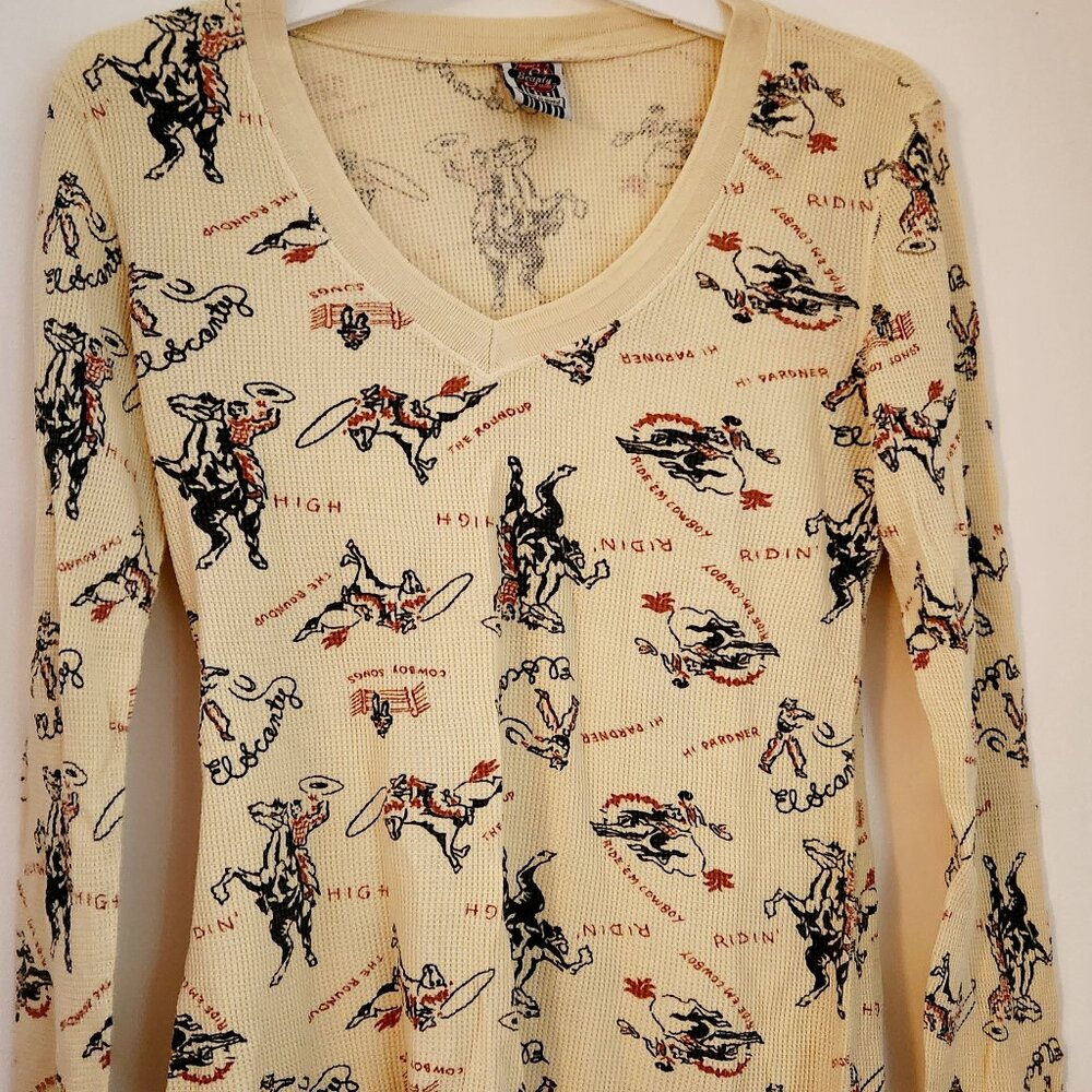Unique Scanty Cowboy Print V-neck Thermal Top M NWOT